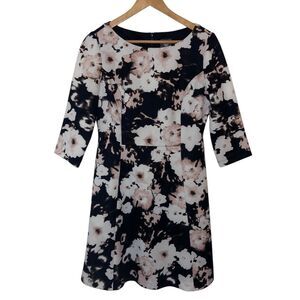 Vince Camuto Floral Print 3/4 Sleeve A-Line Dress‎ Black White Pink Size 10